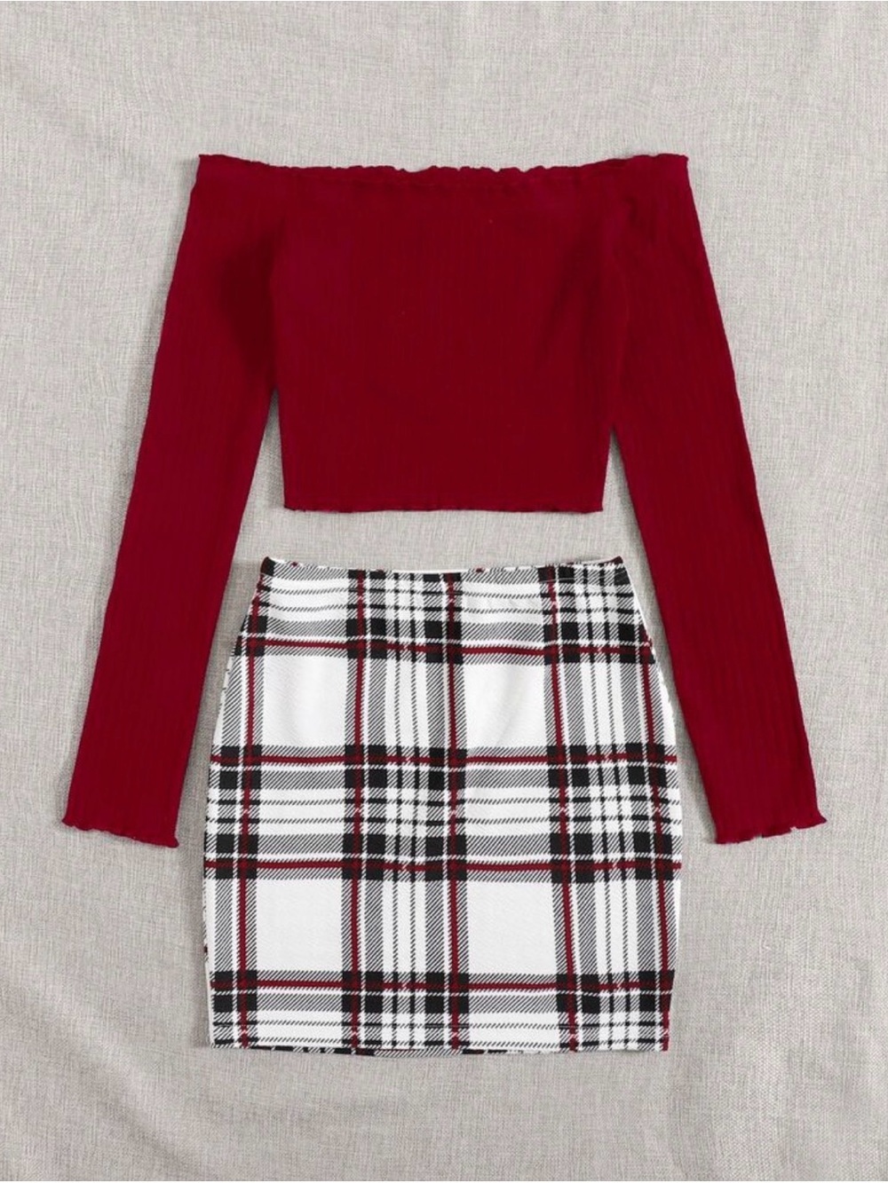 Red Off-Shoulder Crop Top with White Plaid Mini Skirt Size 2